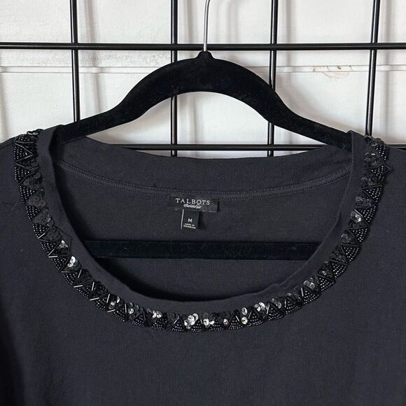 TALBOTS Knit Crewneck Beaded‎ Sweater Womens M Black Classic Officewear - Picture 1 of 9